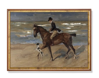 Vintage Horse and Dog Beach Print – Equestrian Coastal Art (Digital Download)