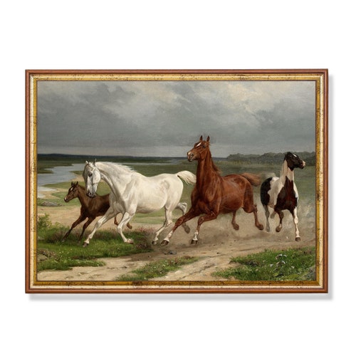 Vintage Horse Painting Antique Equestrian Print Dog and Etsy
