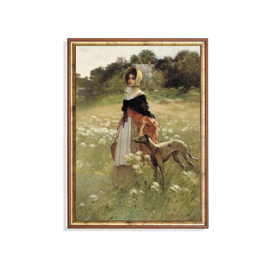 Vintage Girl Portrait Antique Girl With Dog Print Oil Painting Instant