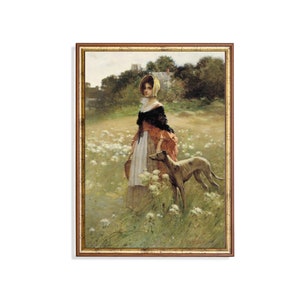 Vintage Girl Portrait | Antique Girl with Dog Print | Oil Painting | Instant Download | Printable Wall Art | Girls Room Decor | Fine Art