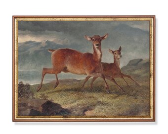 Vintage Deer Painting: Moody Rustic Farmhouse Art Print
