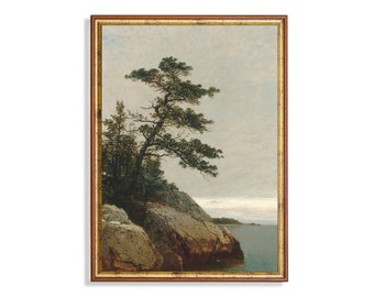 Print and Ship | Vintage Pine Trees | Antique Landscape Print | Coastal Decor | Mailed Art | Vertical Wall Art | Rustic Oil Painting Print
