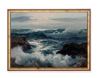 Vintage Seascape Painting: Moody Ocean Print, Coastal Wall Art
