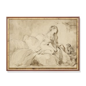Print and Ship | Vintage Sketch Drawing | Antique Print | Lady with her Faithful Dog | Neutral Artwork | Mailed Art | Woman and Dog Artwork
