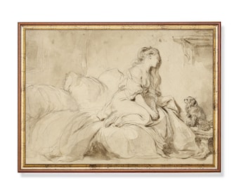 Vintage Lady and Dog Sketch Print: Neutral Antique Artwork