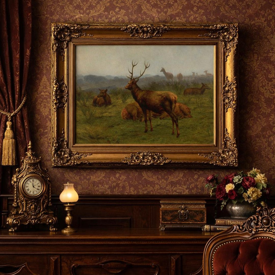 Vintage Deer Painting: Moody Rustic Farmhouse Art Print - Etsy