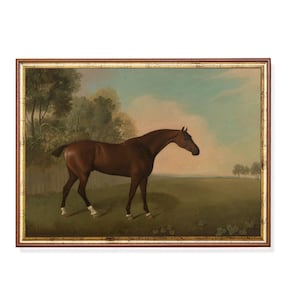Vintage Racehorse Painting – Chestnut Bay Horse in Landscape (1800s) – Antique Equine Art Print for Equestrian Decor & Classic Walls