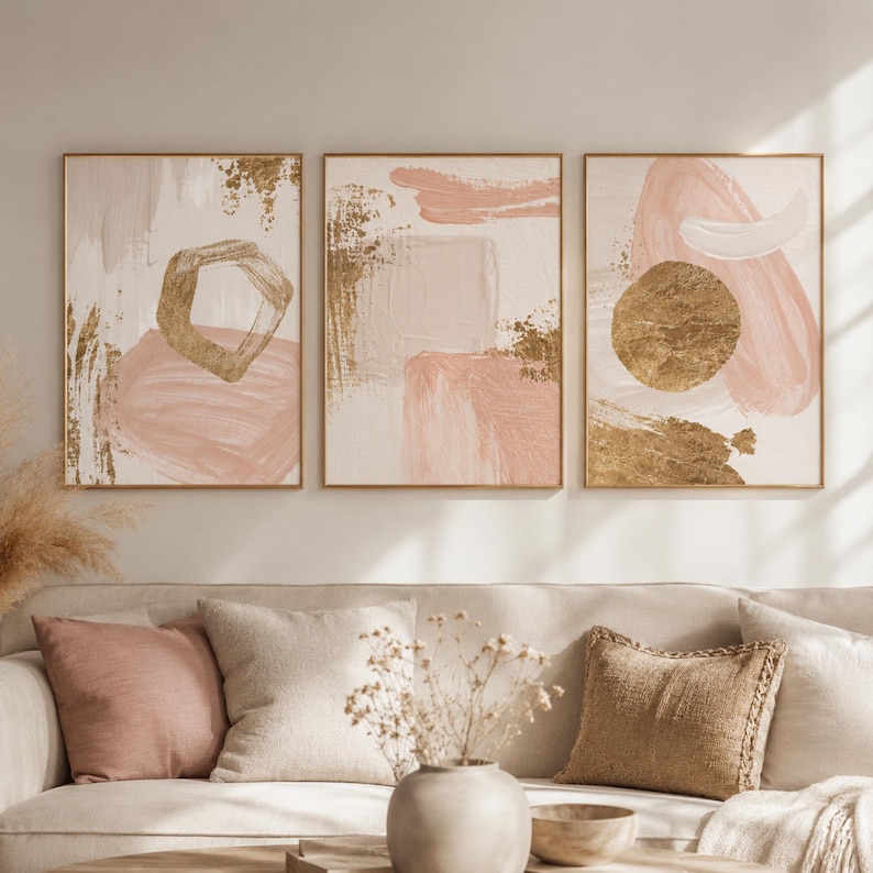Set of 3 Blush Pink Gold Abstract Prints, Minimalist Gallery Wall Decor ...