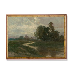 Vintage Landscape Painting | Antique Farm Field Moody Print | Rustic Countryside Oil Painting Print | Digital Download | Farmhouse Decor