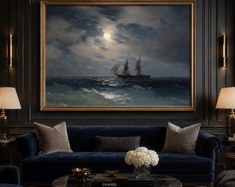 Antique Sailboat Painting: Moody Seascape Nautical Wall Art Print
