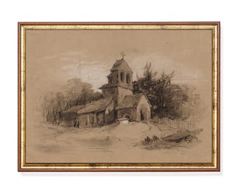 Dibujo al carbón de una iglesia rústica: Impresión artística vintage de una capilla sepia