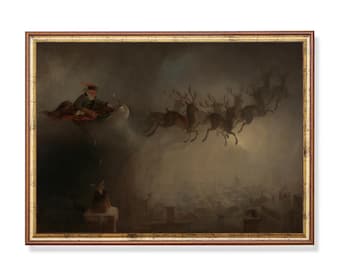 Op de afbeelding: Een ingelijst schilderij toont de kerstman in een slee getrokken door rendieren die over een stad vliegen. Het kunstwerk heeft een donker, sfeervol kleurenpalet en een goudkleurige lijst.