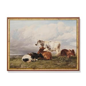 Vintage Cows Print: Country Meadow Landscape, Farmhouse Decor (Mailed Print)