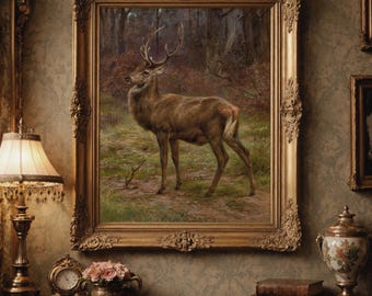 Vintage Deer Painting: Moody Rustic Animal Print