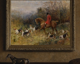 Fox Hunting Scene with Hounds in Autumn Forest Print – Vintage Horse Rider and Dogs Wall Art – Countryside Equestrian Digital Download