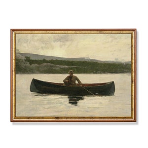 Vintage Canoe Fisherman Art Print, Antique Lake Scene with Man in Boat, Reflective Water Landscape, Rustic Cabin Wall Decor Digital Download
