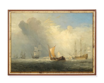 Dutch Seascape Print: 17th Century Sailing Ship, Golden Sky Nautical Art