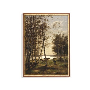 Vintage Pasture Scene Print: Cows Grazing by Lake (Digital Download)