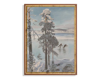 Printed and Shipped | Vintage Painting | Ice Skating on Winter Landscape | Antique Rustic Fine Print | Snowy Landscape | Physical Prints