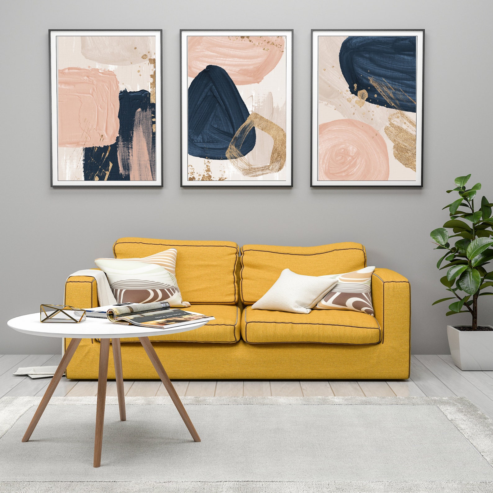 Blush Pink Wall Art Navy Blue Printable Poster Abstract Prints Set of 3 ...