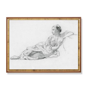 Digital Download Antique Sketch – Vintage Pencil Drawing of Reclining Woman, Classical Art Study, Minimalist Line Art Printable Wall Decor