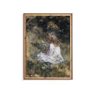 Impresión vintage de una chica con flores silvestres: arte romántico en acuarela, escena pastoral victoriana, decoración de pared con un estilo rústico y suave.
