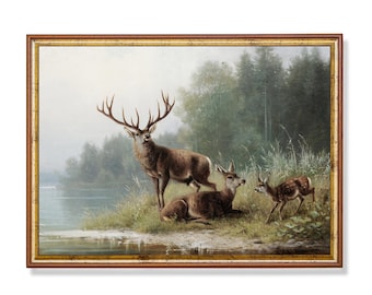 Vintage Landscape Painting | Antique Deer Print | Lake House Decor | Digital Download | Farmhouse Fine Art Print | Rustic Printable Wall Art