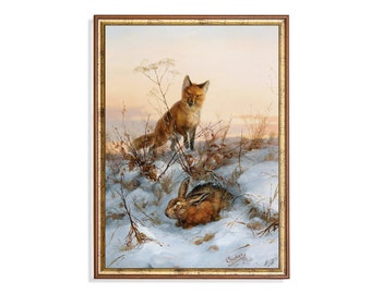 Fuchs und Hase: Vintage Winter Tierdruck