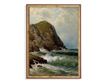 May include: A framed oil painting depicting a rocky seascape with crashing waves and a distant sailboat. The painting features a large, rocky cliff with green vegetation on top, set against a cloudy sky.