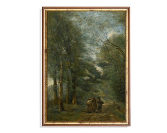 Vintage Forest Scene Art Print: Rustic Farmhouse Decor