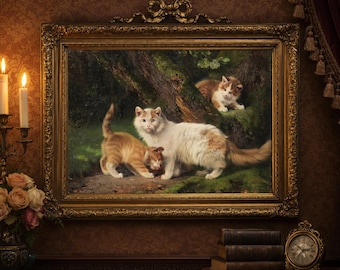 Vintage kattenschilderij: antieke kittenprint, boerderijdecor