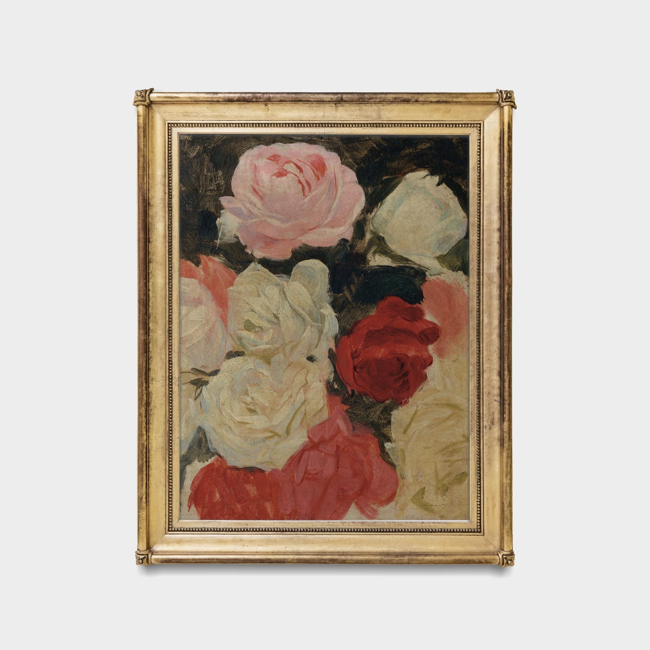 ヴィンテージローズの花の絵画：ムーディなボタニカルアートプリント