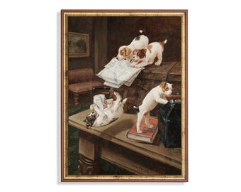 Lámina vintage de Jack Russell Terrier: Pintura de un cachorro juguetón, arte de pared estilo casa de campo.
