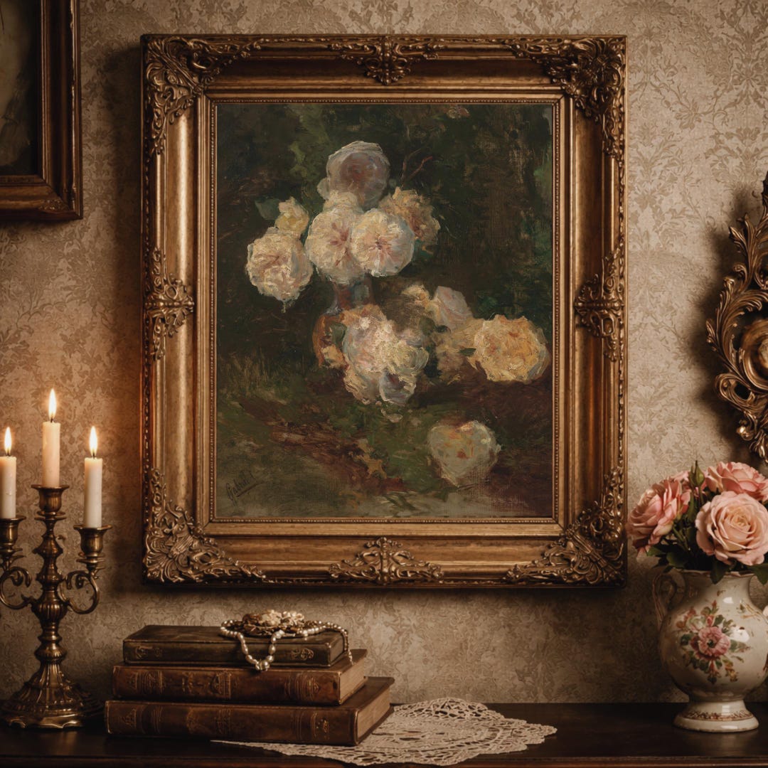 Vintage Floral Still Life Print: Moody Rustic Rose Art - Etsy