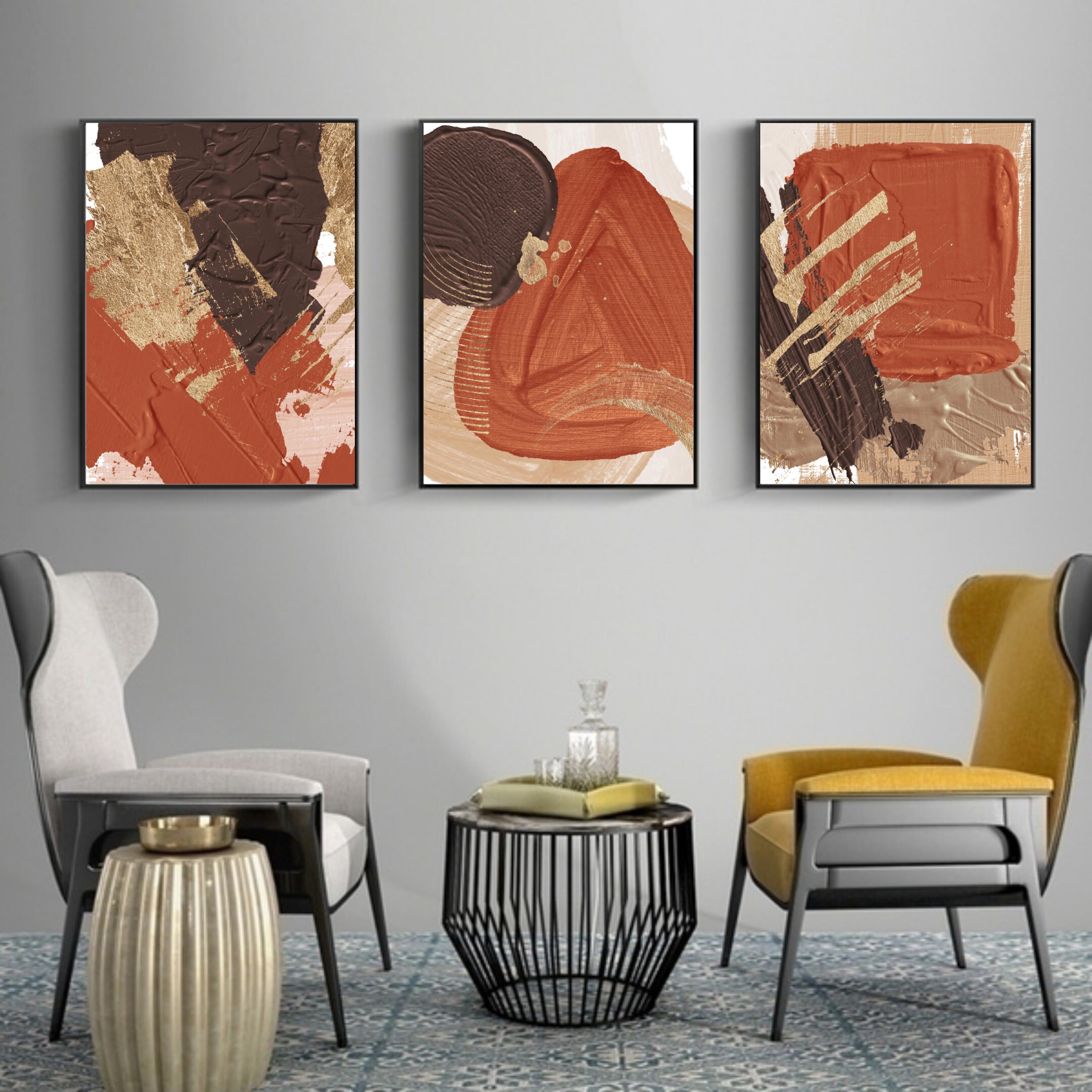 Abstract Prints Set of 3 Terracotta Chocolate Beige Ivory Gold Art ...