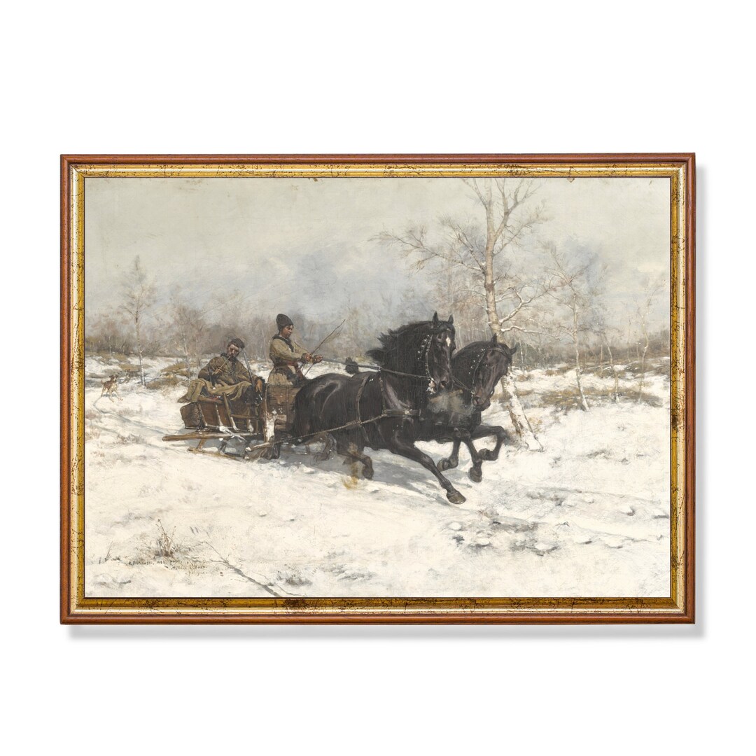 Winter Snowy Landscape Rustic Painting Horse Drawn Carriage Antique ...