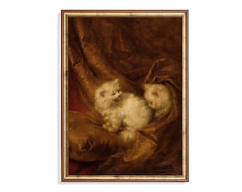 Vintage Kitten Painting Print: Antique Cat Art, Farmhouse Decor