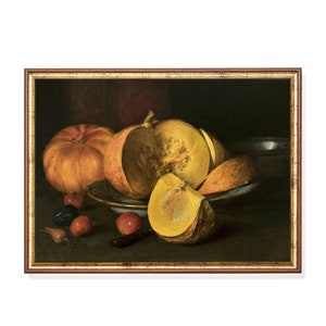 Vintage Still Life with Pumpkin | Antique Fruits Painting | Digital Download | Printable Wall Art | Moody Rustic Print | Fall Home Decor