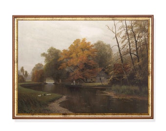 Vintage Autumn Landscape Print: Rustic Lake House Art