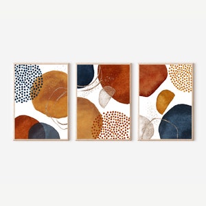 Set Of 3 Prints Abstract Wall Art Boho Prints Navy Blue Burnt Orange