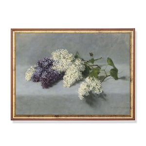 May include: A framed painting of a still life featuring a bouquet of white and purple lilac flowers on a light blue background.