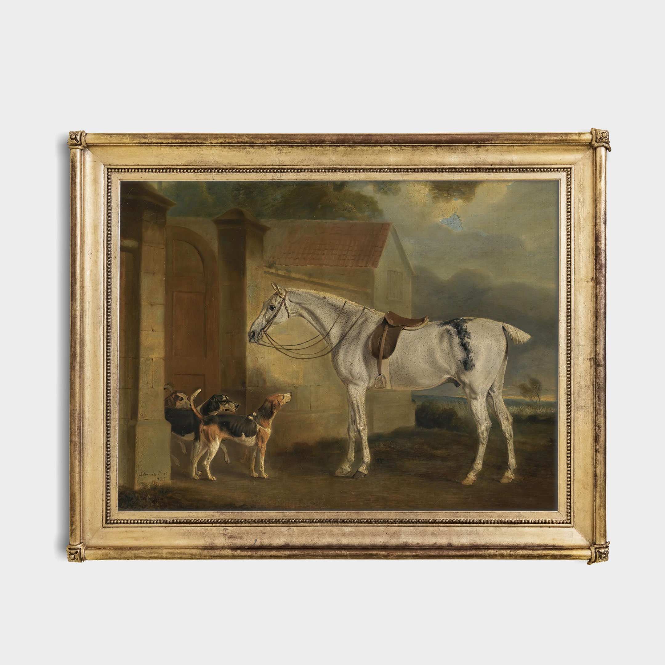 ヴィンテージ風の馬と犬の絵画：素朴な農場の動物のアートプリント 