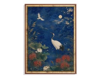 Japanese Crane Moon Art Print, Oriental Floral, Celestial Asian Decor (Digital Download)