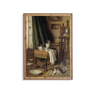 Jules Leroy Vintage Cat Art Print: Playful Kittens in Studio, Victorian Decor
