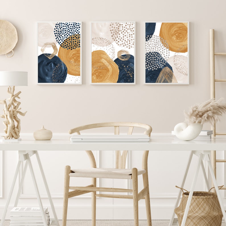 3 Piece Wall Art Navy Blue Mustard Ivory Gold Art Trendy Etsy