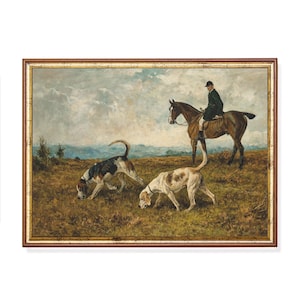 Vintage Horse and Hounds Painting: Rustic Farmhouse Art Print