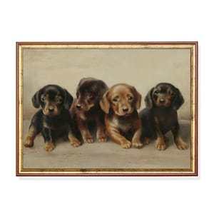 Vintage Four Puppies Painting: Antique Dog Lover Print