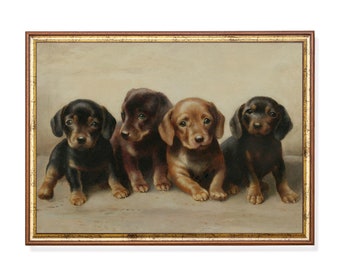 Printed and Shipped | Vintage Wall Art | Four Puppies Painting | Antique Dogs Print | Dog Lover Gift | Farmhouse Decor | Physical Prints