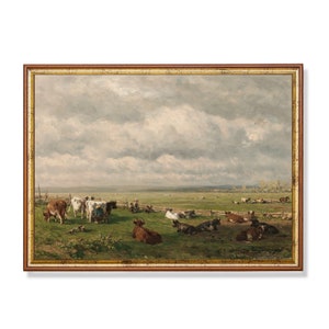 Vintage Cows in Meadow Print: Farmhouse Landscape Painting