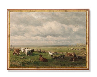 Vintage Cows in Meadow Landscape Print: Country Farmhouse Wall Art